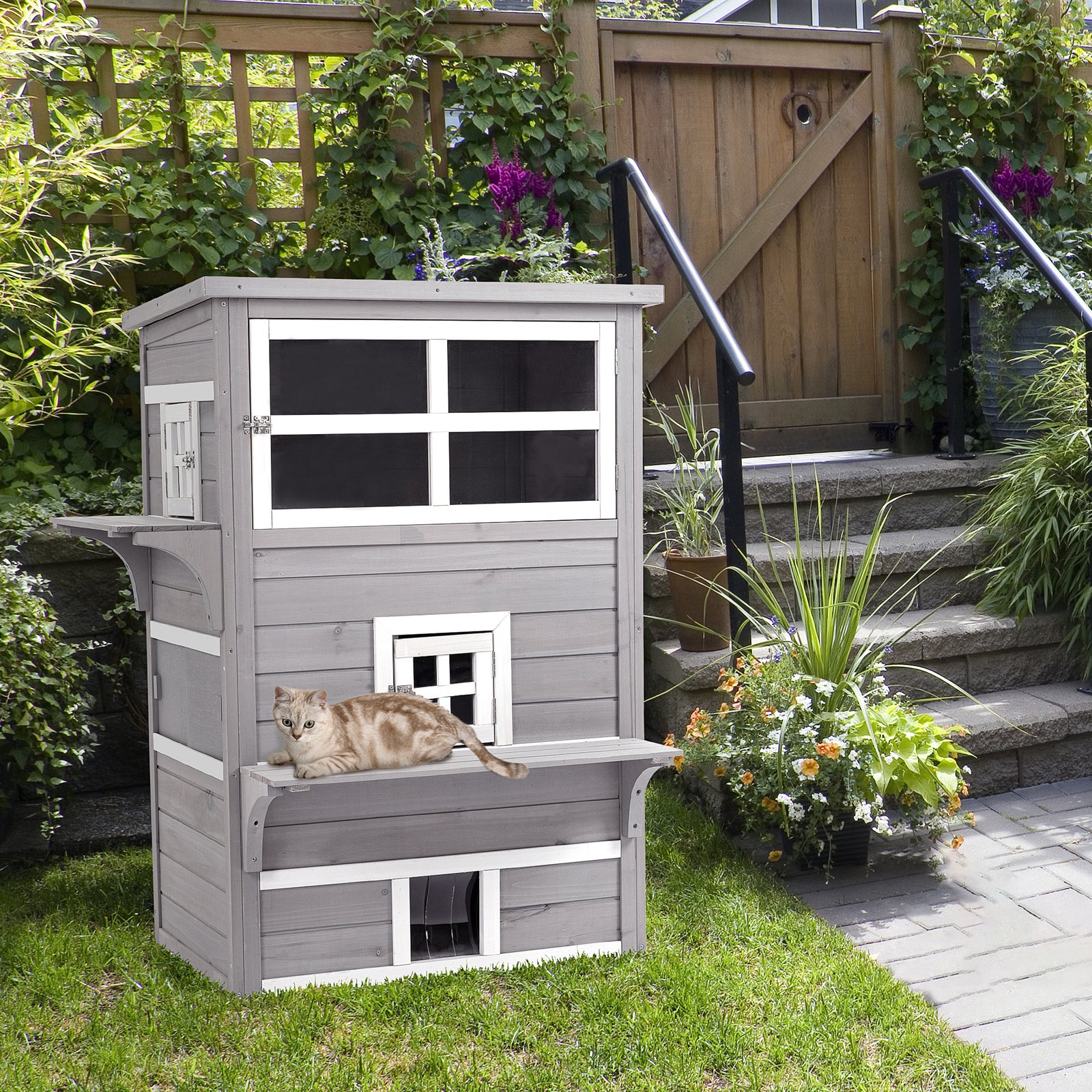 Three-Tier wooden Kitten Shelter, Outdoor Cat House, with Jumping Platforms, Asphalt Roof, Doors - Grey