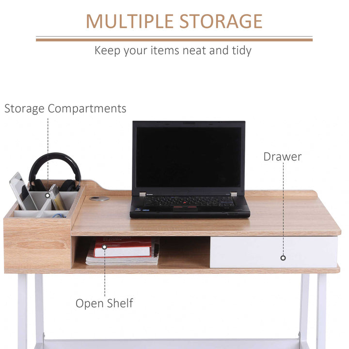 HOMCOM Writing Desk, Computer Table with Drawer, Storage Compartments, Cable Management, Metal Frame, Computer Workstation, Oak and White | Aosom UK