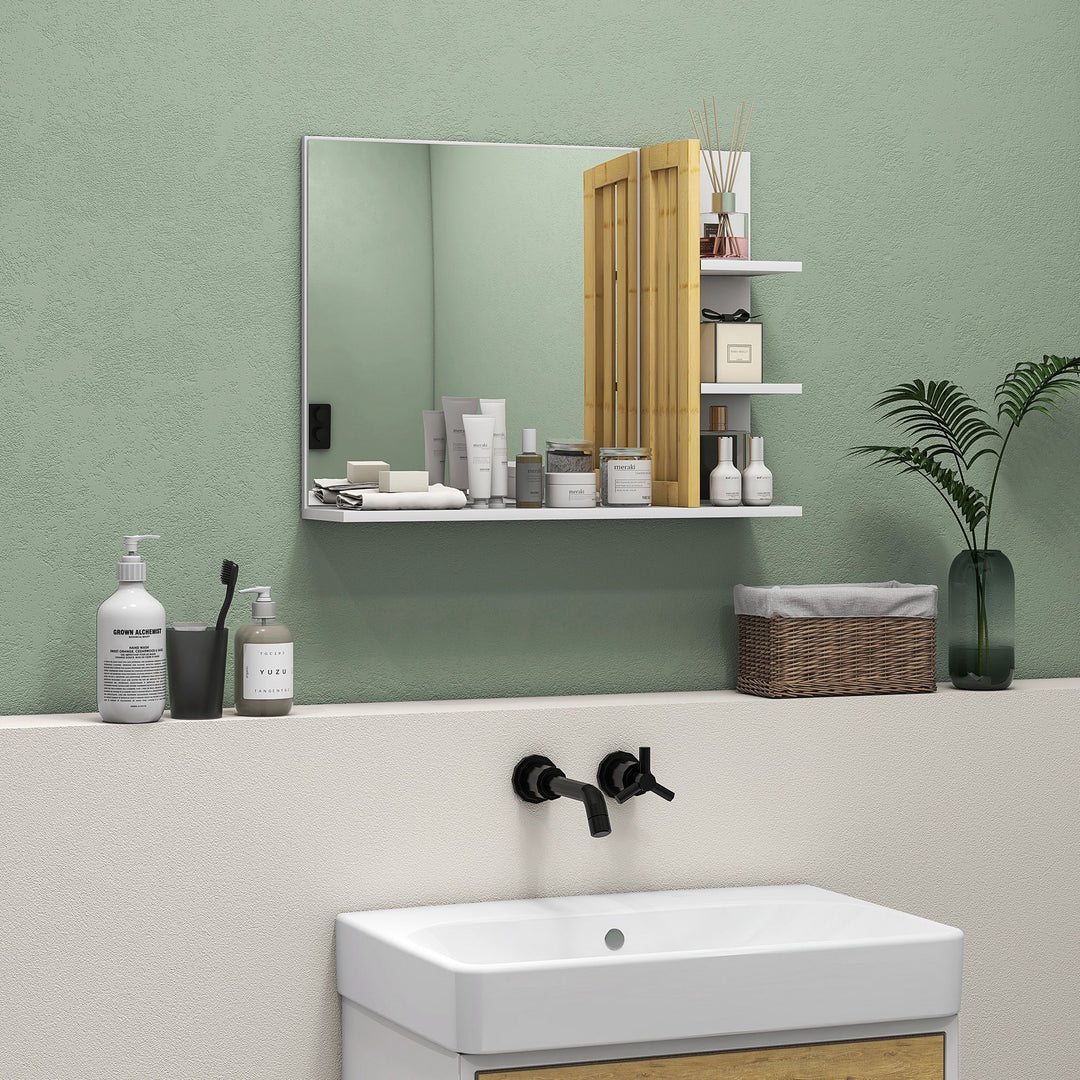 Bamboo Panel Bathroom Mirror, with Shelves - White