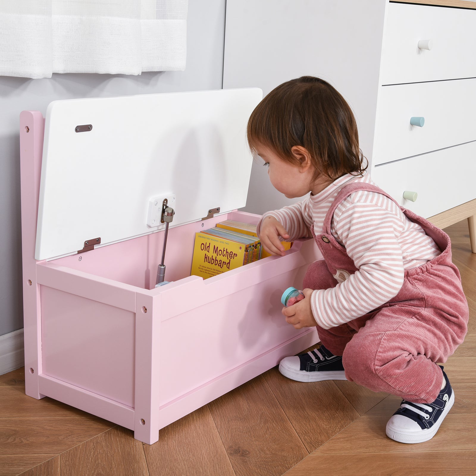 2 In 1 Wooden Toy Box, Seat Storage Bench, Storage Chest Cabinet Organiser with Safety Pneumatic Rod, Pink