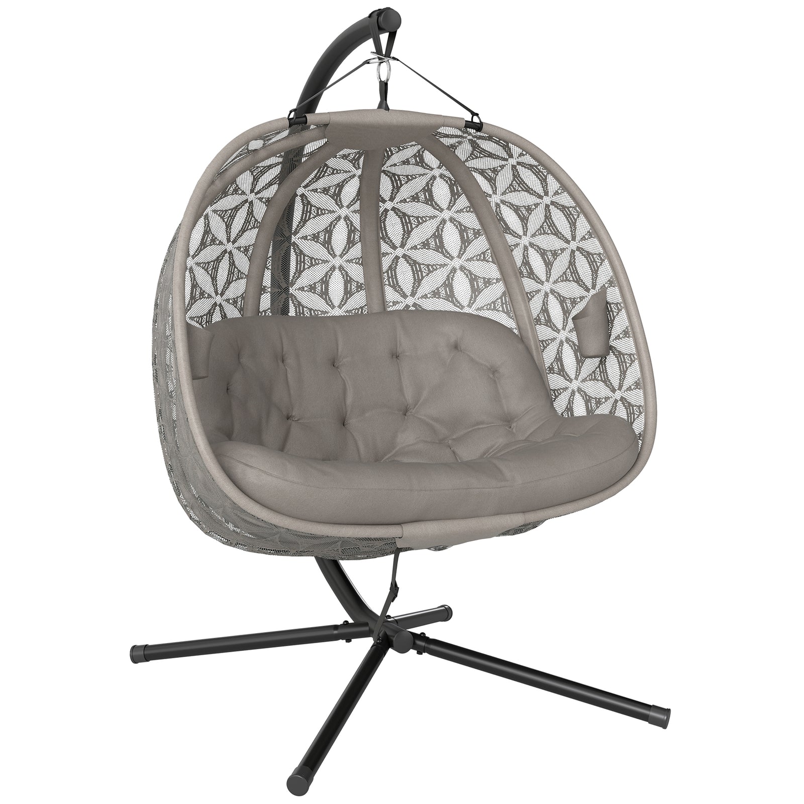 Outdoor Double Hanging Chair with Cushion and Cup Holders, Sand Brown