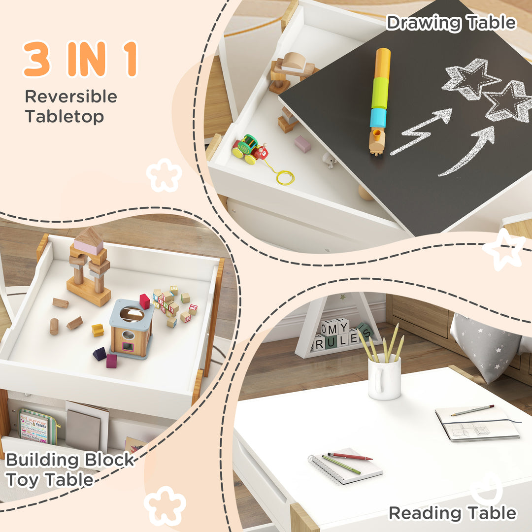 Three-Piece Kids Table and Chair Set with Blackboard, Storage, Bookshelves - Natural Wood