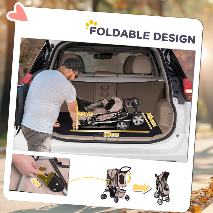 MCL Pet Stroller for Small Miniature Dogs Cats Foldable Travel Carriage with Wheels Zipper Entry Cup Holder Storage Basket Brown