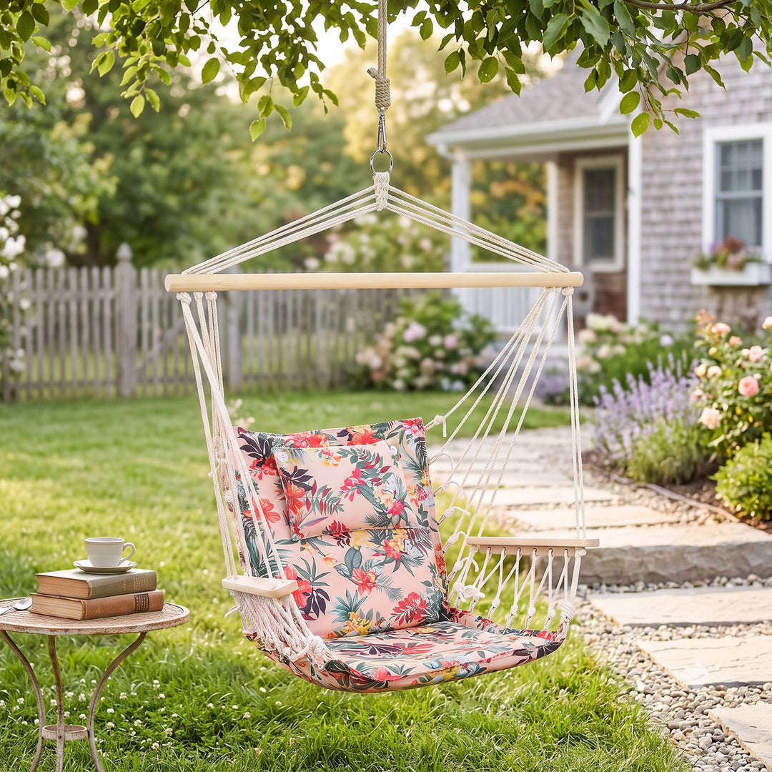 Garden Outdoor Hanging Hammock Chair Thick Rope Frame Wooden Arms Safe