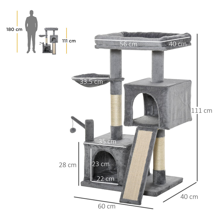 MCL Cat Tree Tower for Indoor Cats, 111cm Kitten Activity Centre with Scratching Post Pad Hammock Condo Bed Ball Toy, Grey