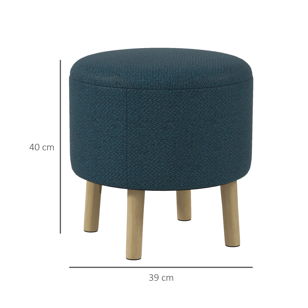 HOMCOM Round Ottoman, Linen Fabric Upholstered Footstool with Storage, Padded Seat & Wooden Legs, Blue