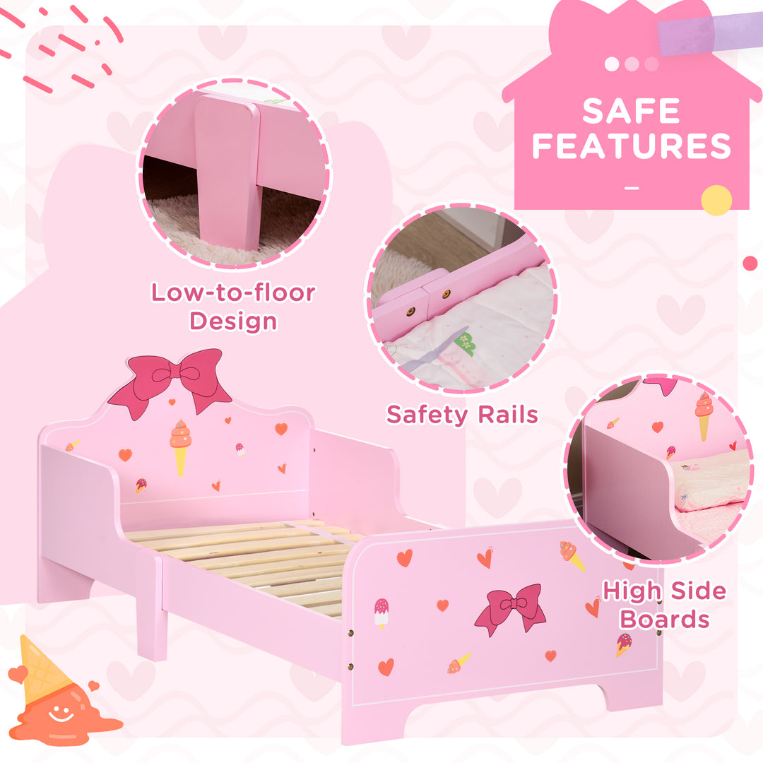 ZONEKIZ Princess-Themed Toddler Bed with Safety Side Rails and Slats, Cute Patterns, Kids Bedroom Furniture, Pink, 143 x 74 x 59 cm | Aosom UK