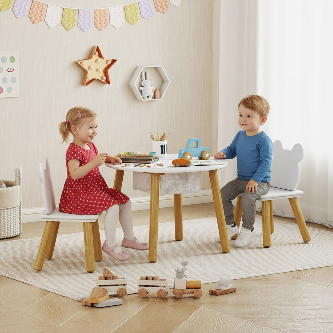 3-Piece Kids Activity Table Set with Centre Mesh Bag, Bear-Shaped Back