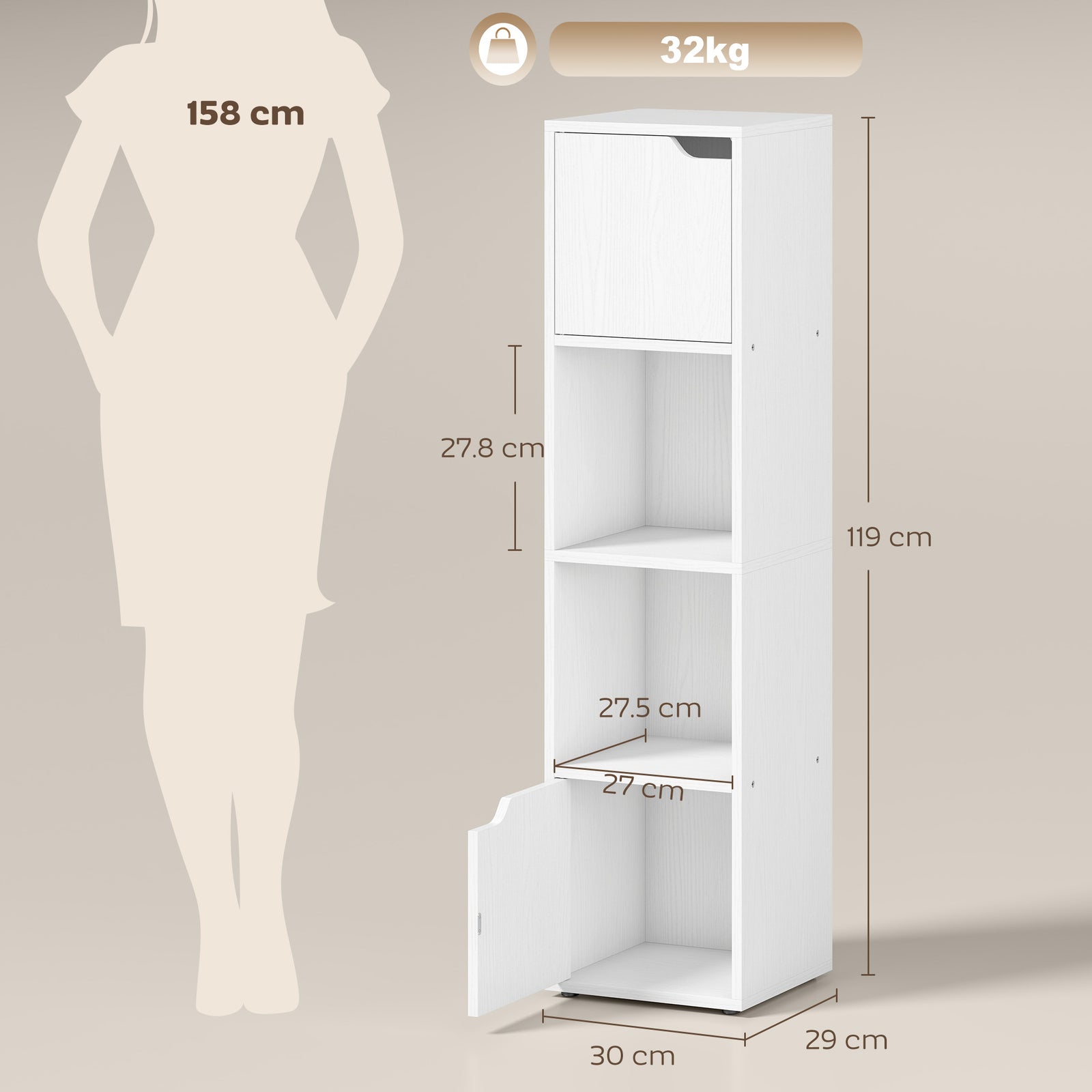 Narrow Bookcase, 4-Tier Bookshelf, Storage Cabinet with doors for Livi
