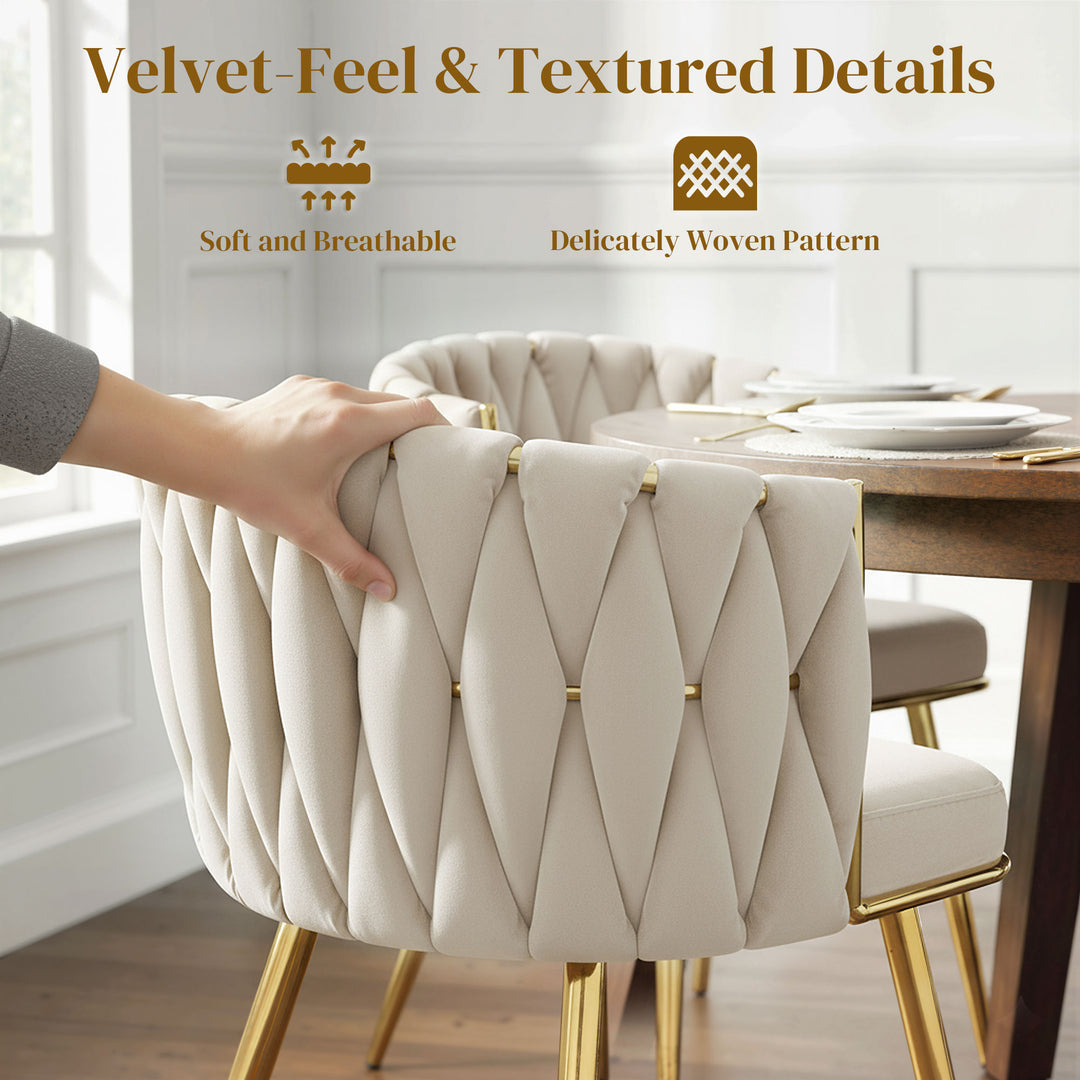 Velvet-Feel Dining Chairs Set of 2, Modern Upholstered Kitchen Chairs with Woven Backrest and Armrests, Metal Legs and Padded Seat for Dining Room, Bedroom, Living Room