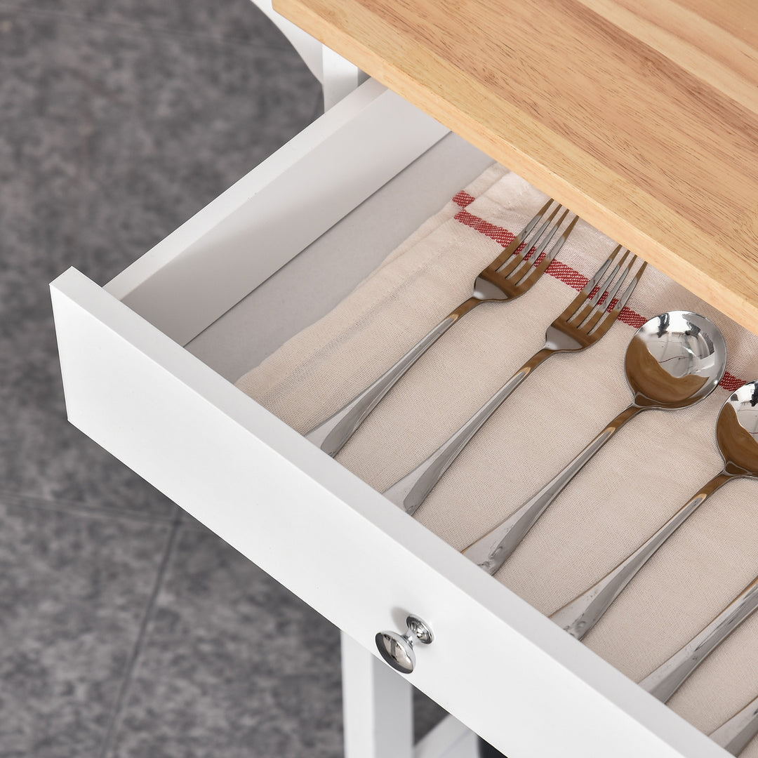 Kitchen Trolley, Kitchen Island on Wheels, w/ Wood Top, 3 Shelves and Storage Cupboard, White