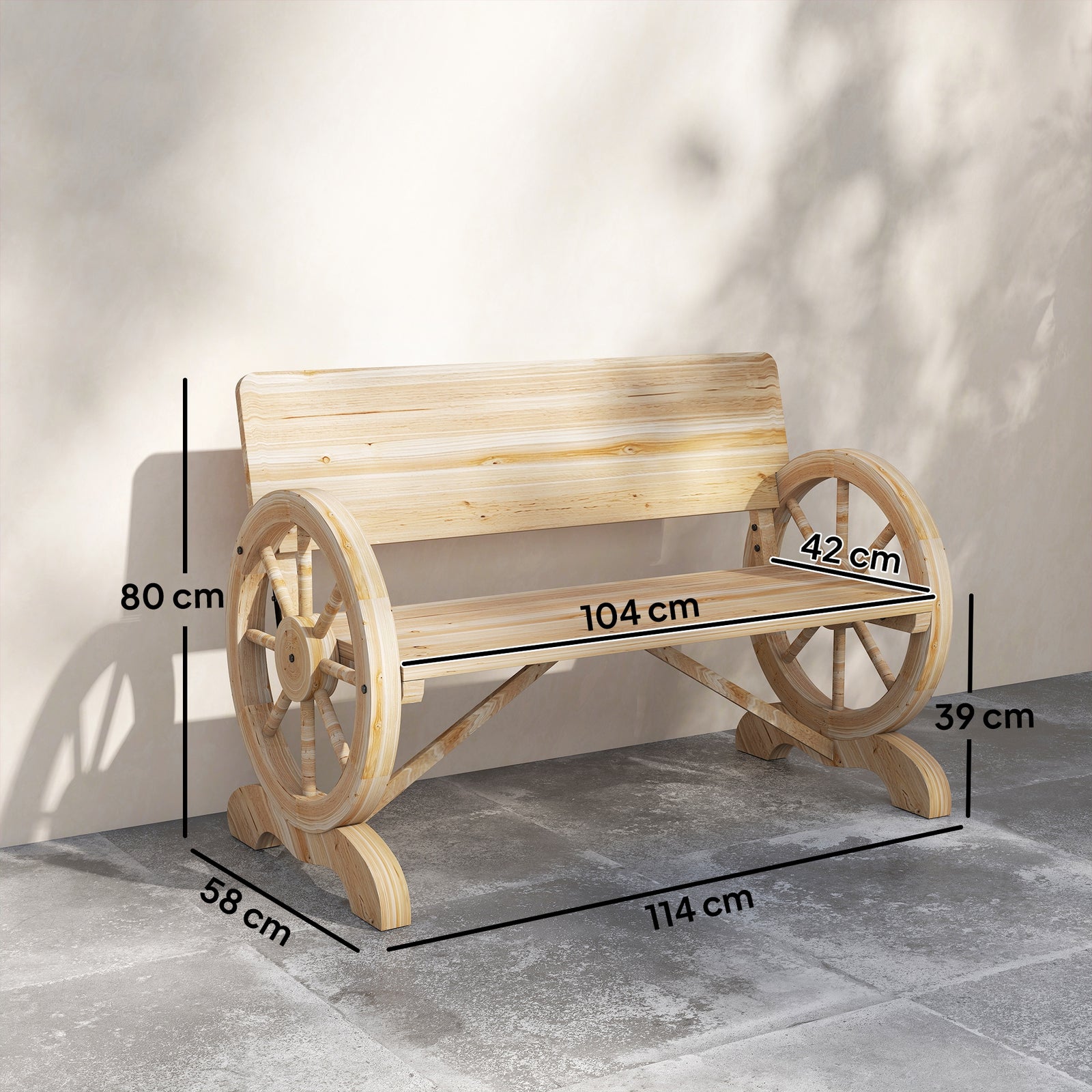 Fir Wood 2-Seater Outdoor Garden Wagon Wheel Bench, Natural Wood Finis
