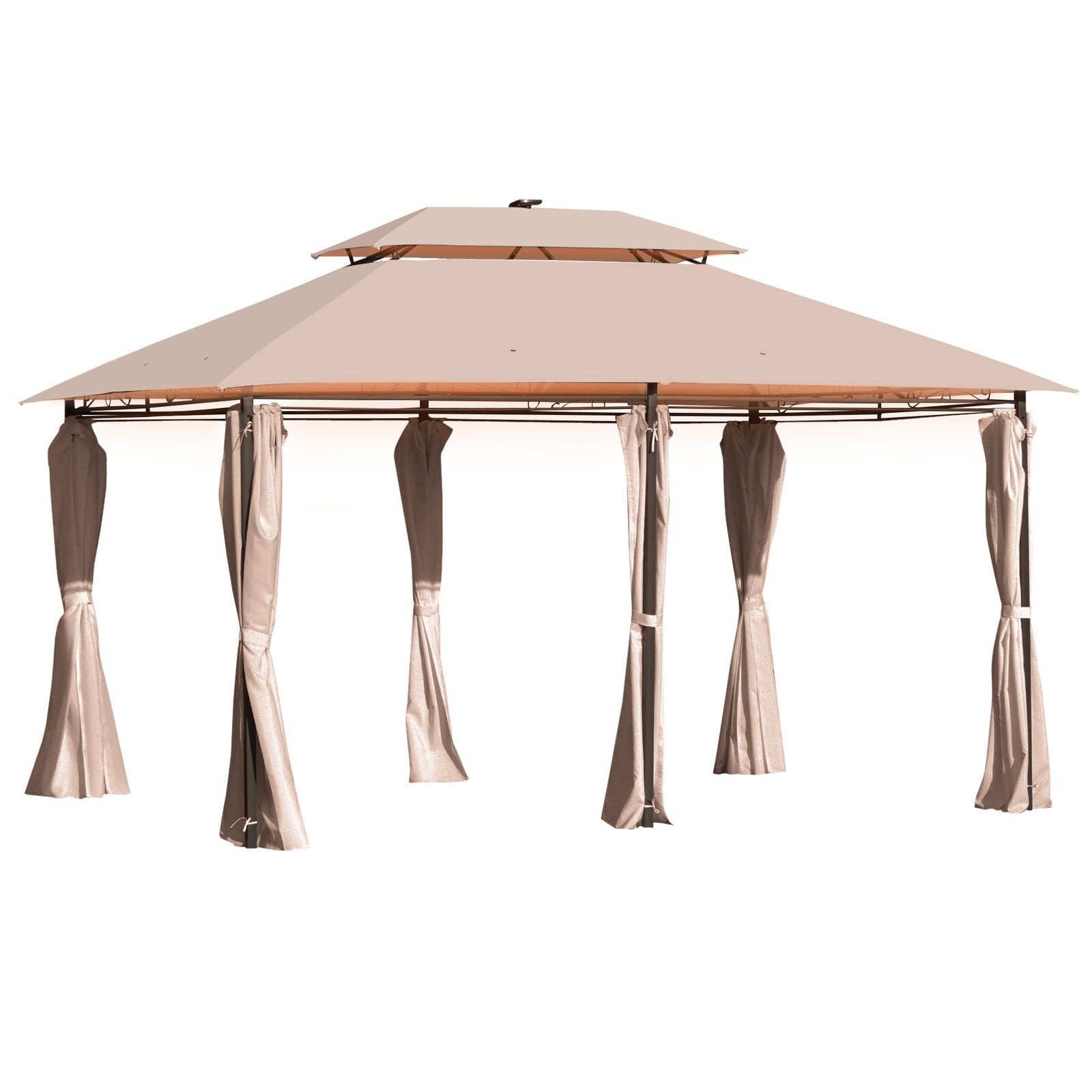 4 x 3(m) Outdoor Gazebo Canopy Party Tent Garden Pavilion Patio Shelter w/ LED Solar Light, Double Tier Roof, Curtains, Steel Frame, Khaki