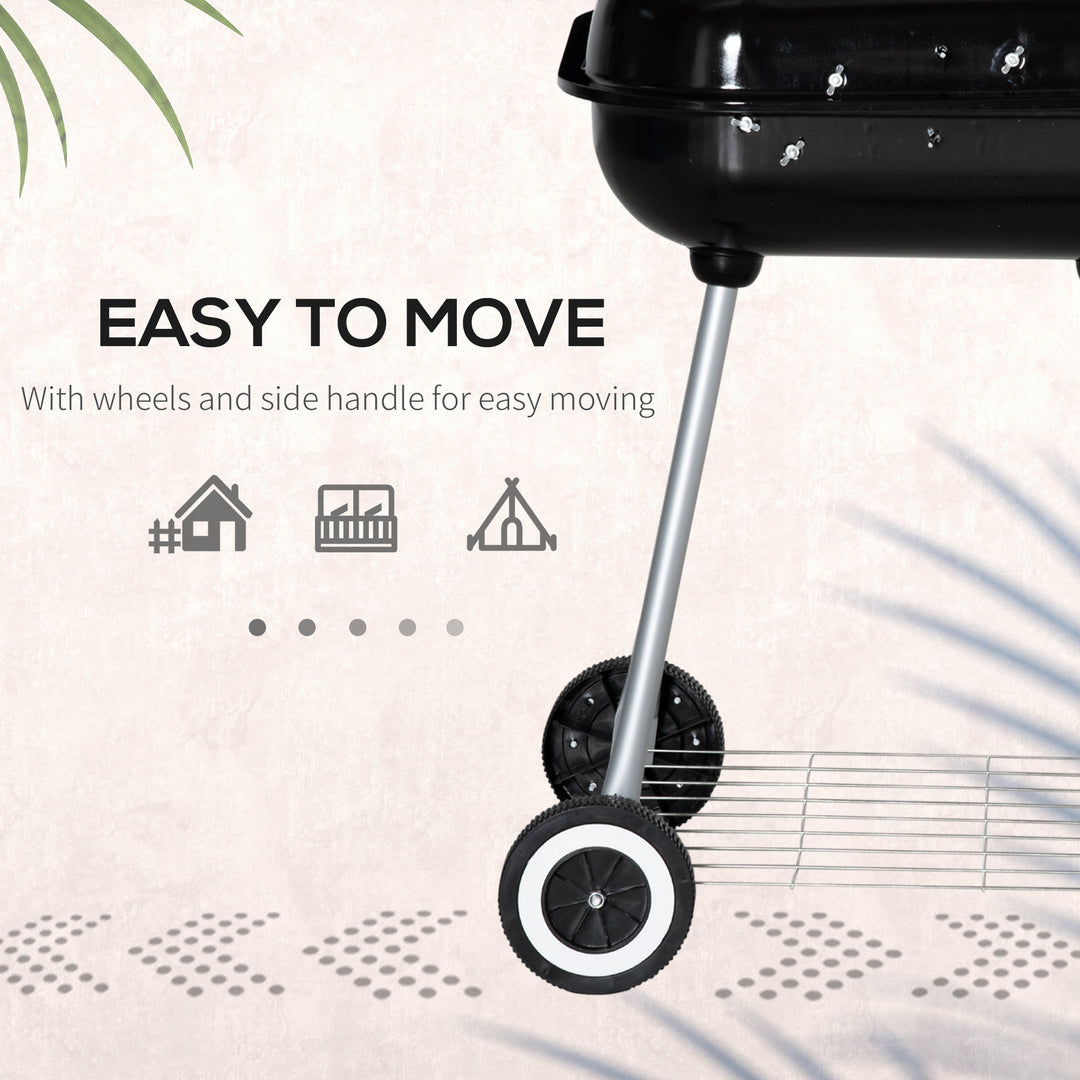 Portable BBQ Charcoal Grill with 2 Wheels and Cooking Utensils, Smoker Grill with Lid for Outdoor Barbecues, Camping, Picnic, Courtyard