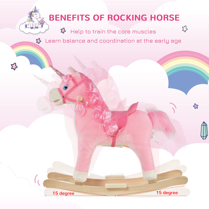 HOMCOM Unicorn Rocking Horse for Kids, Plush Ride On with Sound Effects, Soft, Pink