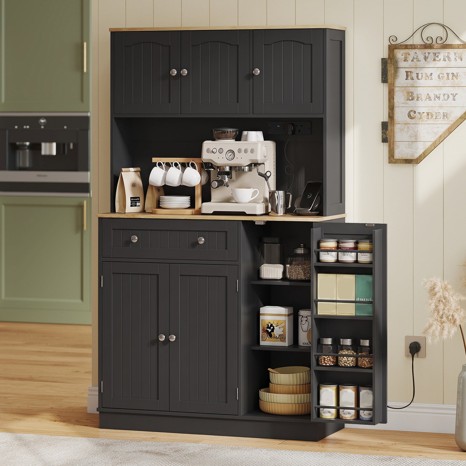 173 cm Tall Kitchen Cupboard with Charging Station, Pantry Storage Cab