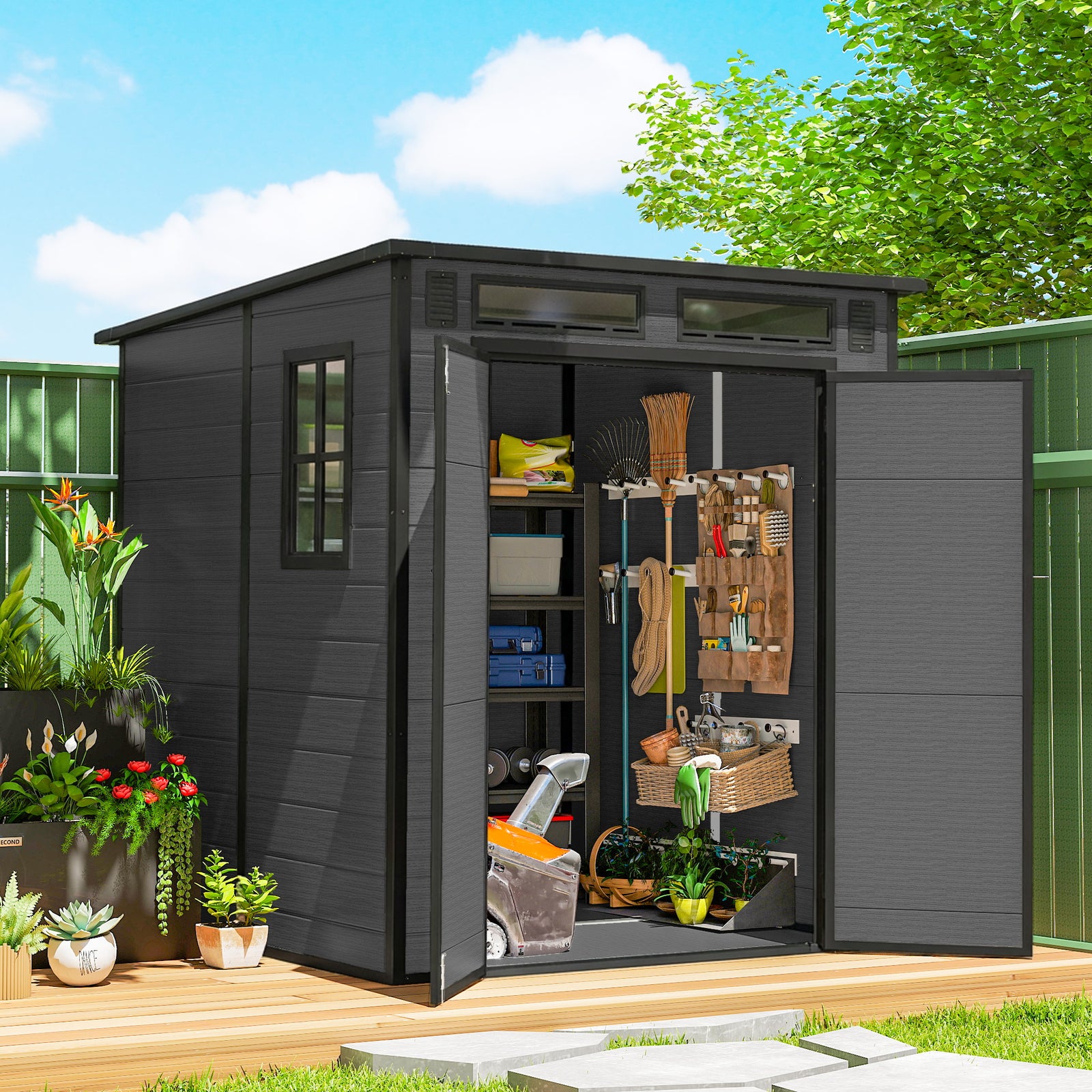 6 x 6 ft Plastic Garden Shed, Wood-Effect Outdoor Storage Shed with Fl