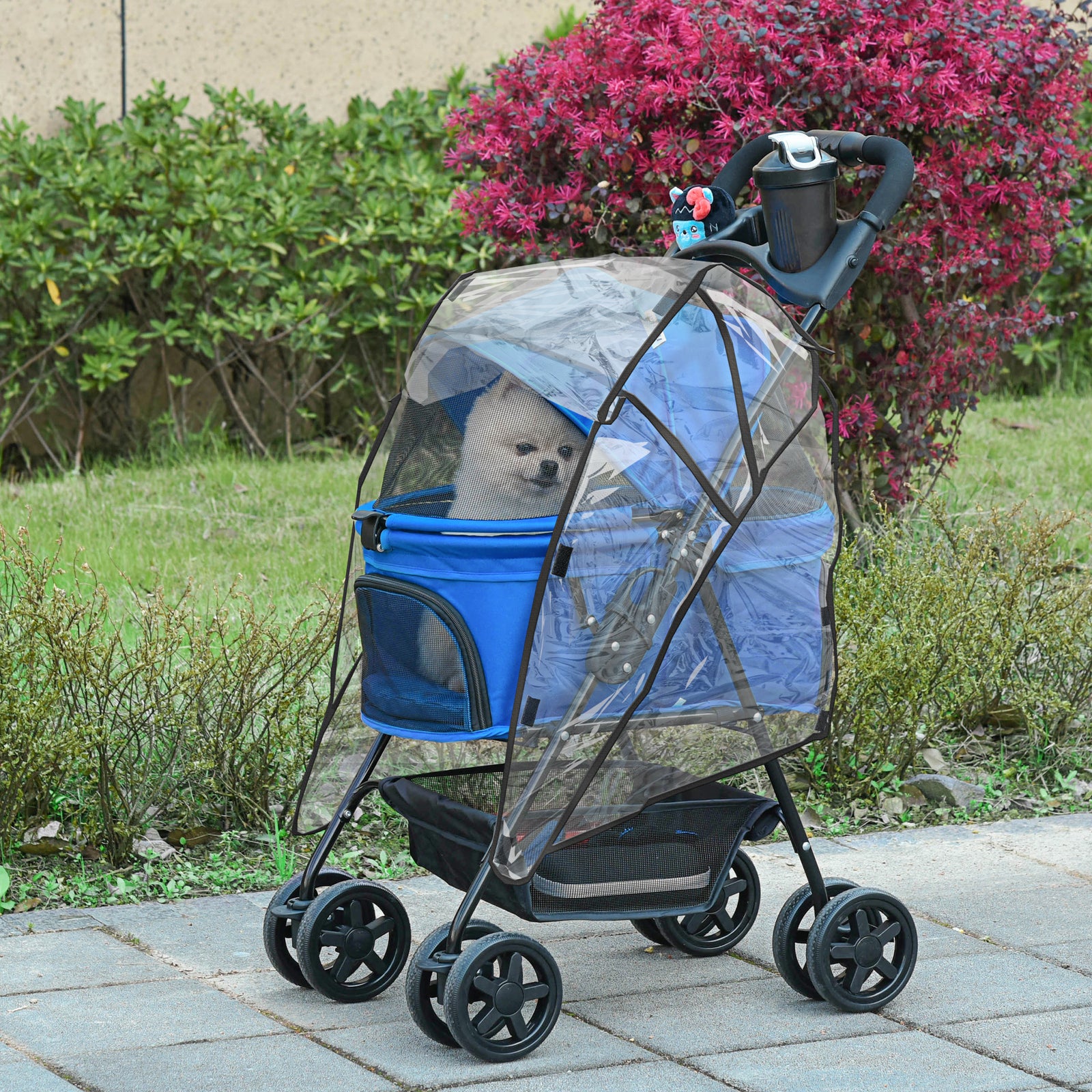 Dog Stroller with Rain Cover, Dog Pushchair One-Click Fold Trolley Jogger with EVA Wheels Brake Basket Adjustable Canopy Safety Leash for Small Dogs, Blue