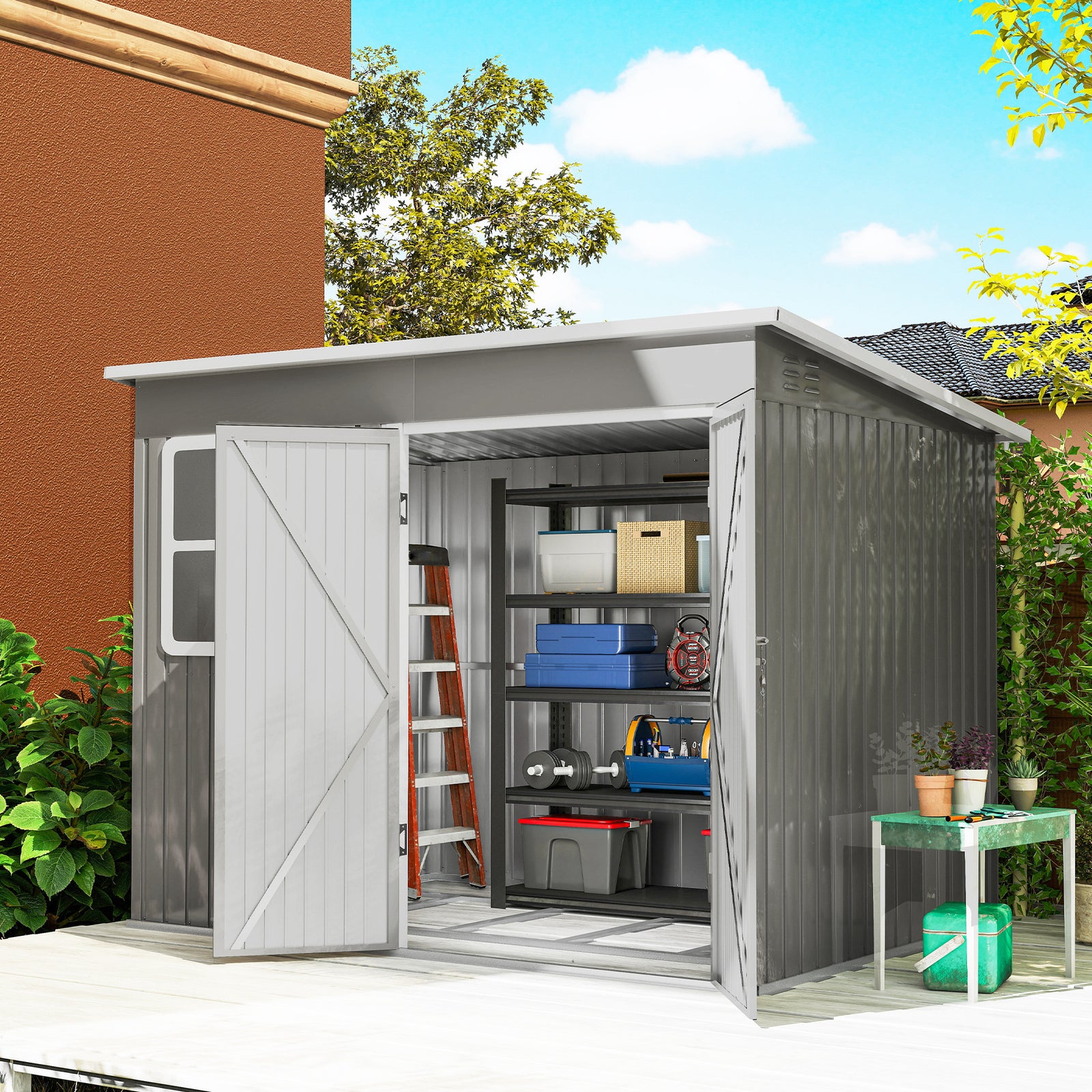 8.5 x 6ft Storage Shed Galvanised Steel Garden Shed, Metal Shed with F