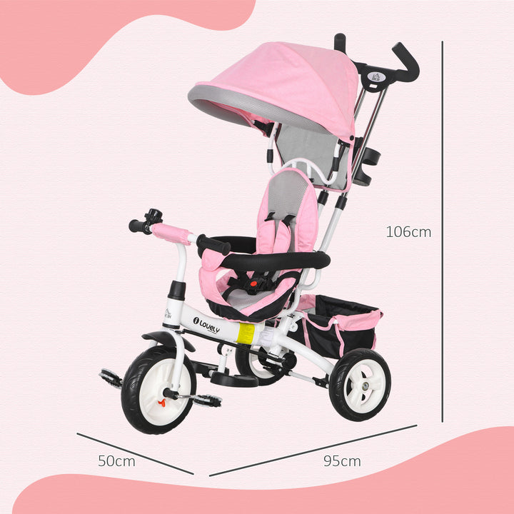 HOMCOM 4 in 1 Kids Trike Push Bike w/ Push Handle, Canopy, 5-point Safety Belt, Storage, Footrest, Brake, for 1-5 Years, Pink