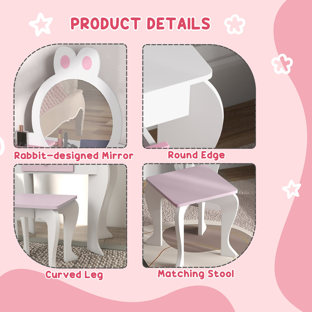 ZONEKIZ Bunny-Design Kids Dressing Table, with Mirror and Stool, Fun and Functional, White and Pink | Aosom UK