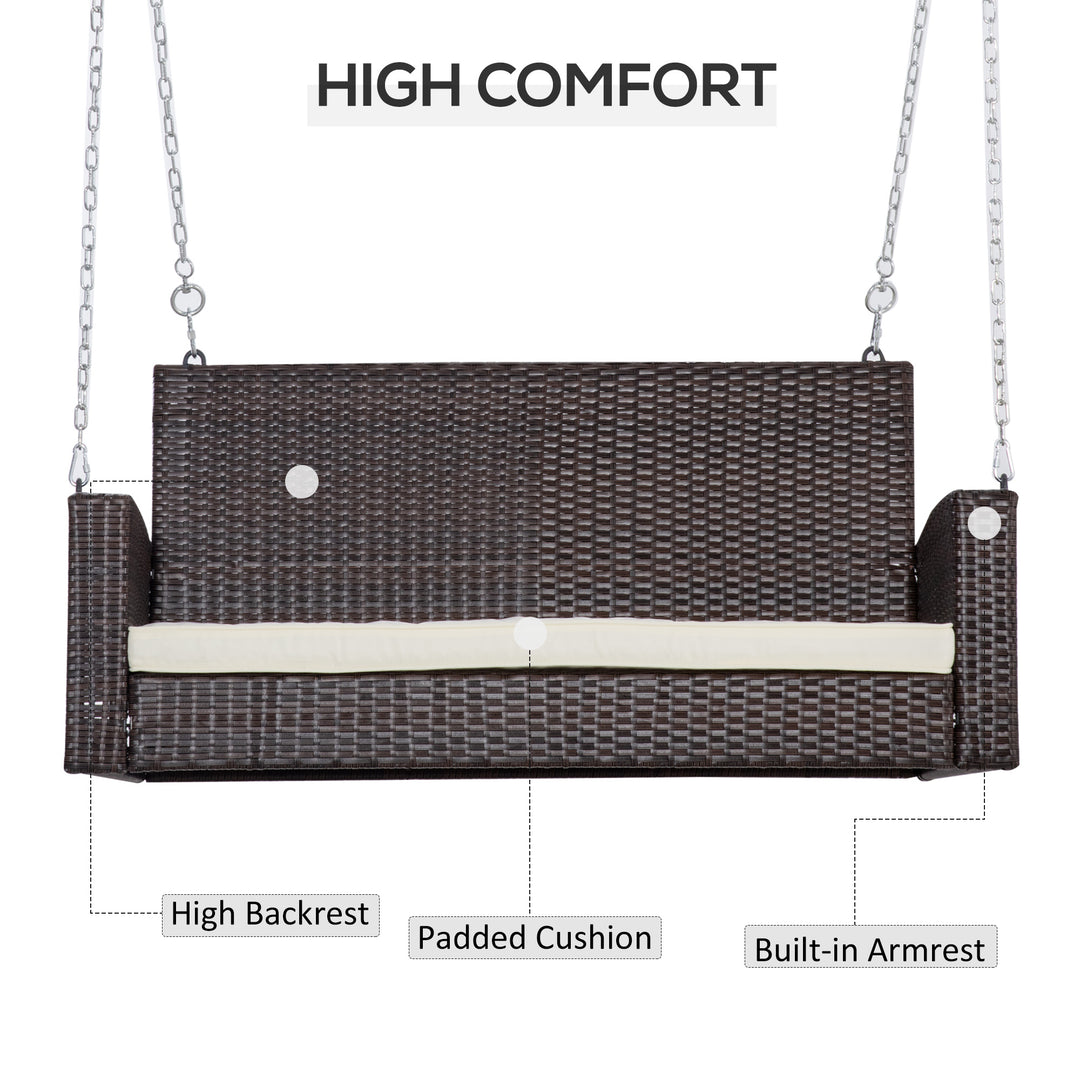 MCL 2 Seater Rattan Garden Swing Chair, Porch Swing Bench Loveseat with Cushion, Wicker Outdoor Hanging Swinging Seat with 2 Metal Chains, 250 KG Capacity for Patio, Balcony, Cream White