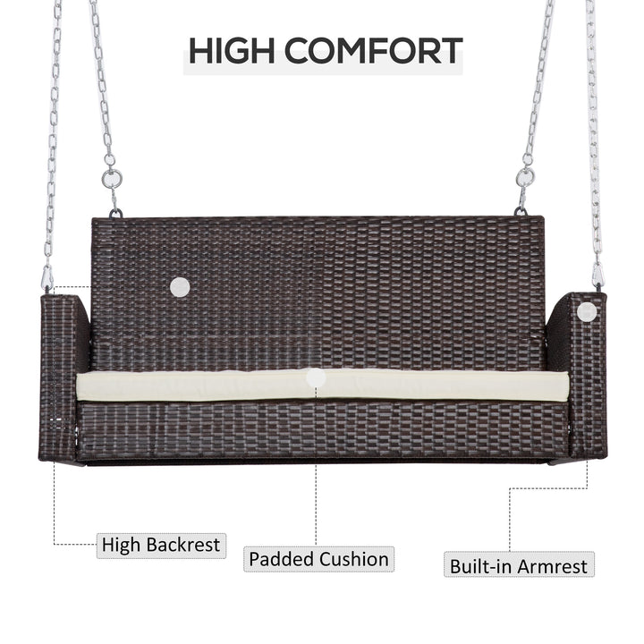 MCL 2 Seater Rattan Garden Swing Chair, Porch Swing Bench Loveseat with Cushion, Wicker Outdoor Hanging Swinging Seat with 2 Metal Chains, 250 KG Capacity for Patio, Balcony, Cream White