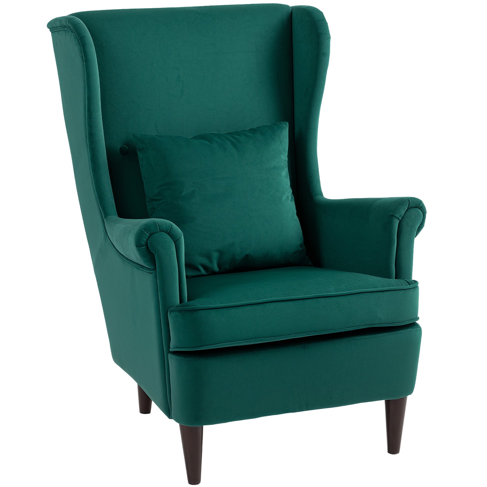 Modern Accent Chair, Upholstered Wingback Armchair with High Backrest and Pillow, Velvet-Feel Fabric Reading Chair with Solid Wood Legs for Living Room, Bedroom, Home Office, Dark Green