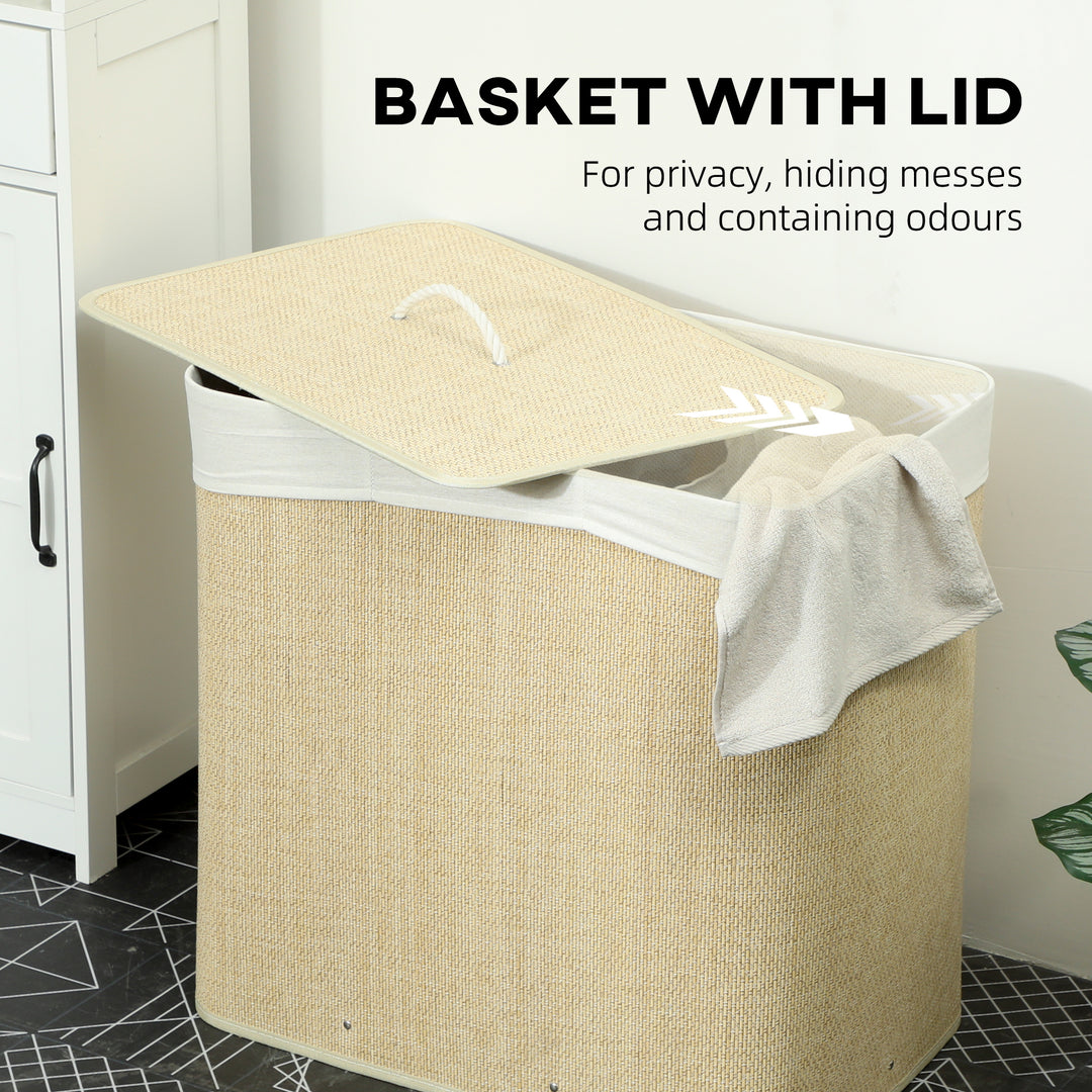 3 Section Laundry Basket with Lid, 144L Bamboo Laundry Hamper with Han