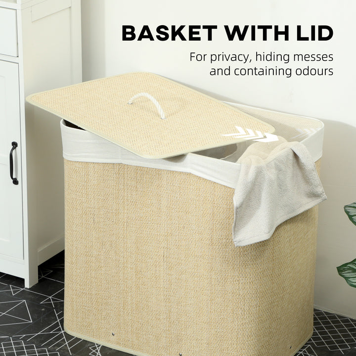 3 Section Laundry Basket with Lid, 144L Bamboo Laundry Hamper with Han