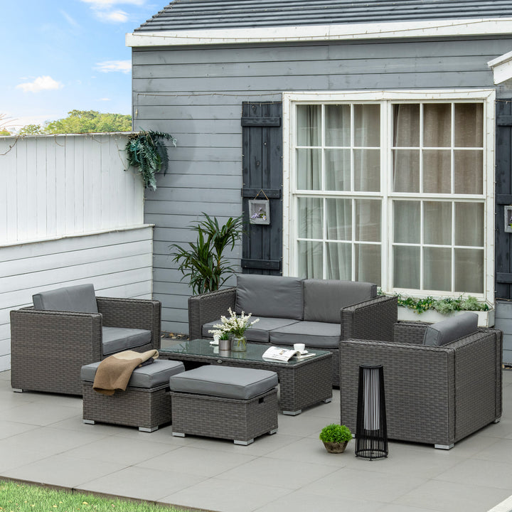 Outsunny 6PC Garden Rattan Sofa Set Outdoor Furniture Patio Table Loveseat Stool Lounging Ottoman Aluminium Frame Wicker Weave Conservatory Grey