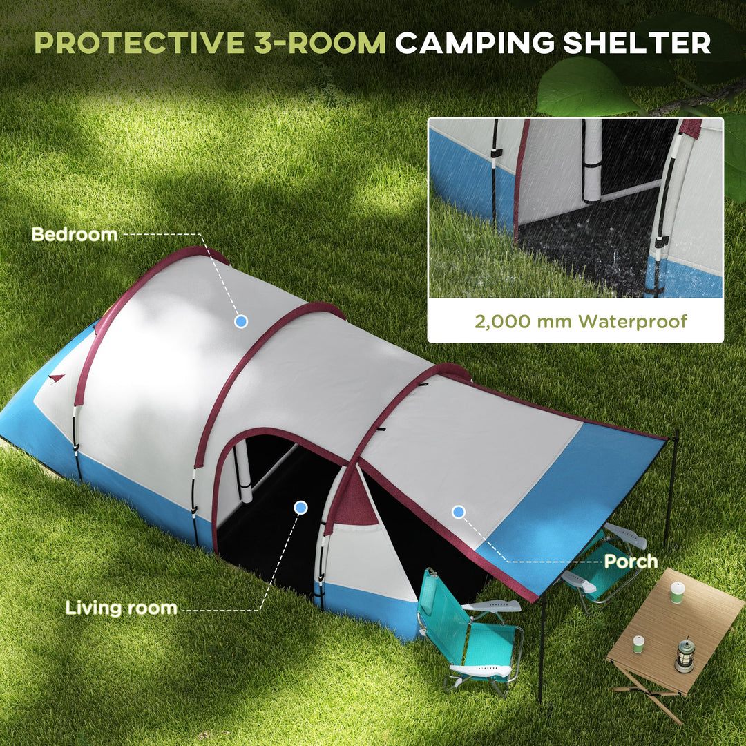 Camping Tent, Large Tunnel Tent with Bedroom and Living Area, 2000mm Waterproof, Portable with Bag for 2-3 Man, Red