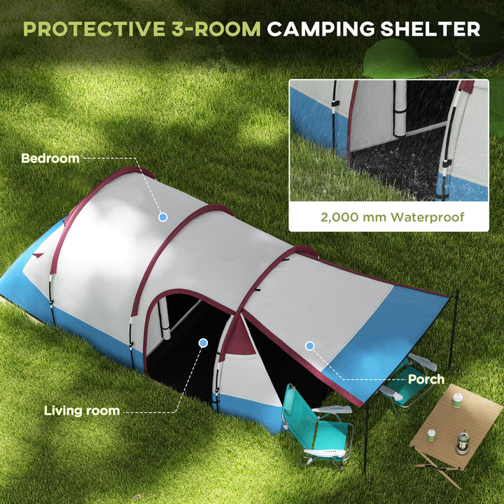 Camping Tent, Large Tunnel Tent with Bedroom and Living Area, 2000mm Waterproof, Portable with Bag for 2-3 Man, Red