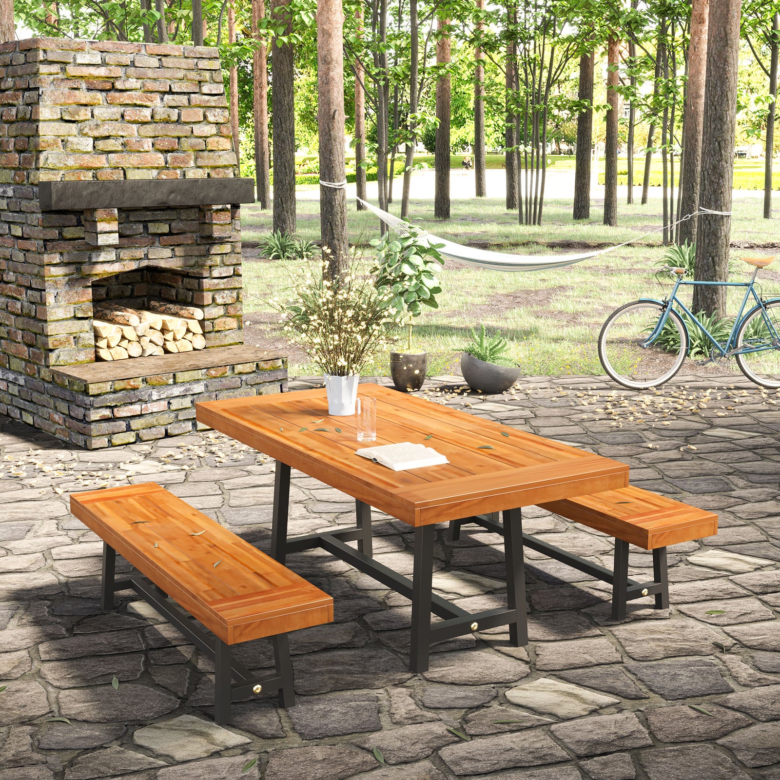 Garden 3 Pieces Acacia Wood Picnic Table and 2 Benches Set Dining Trestle Beer Table Patio Outdoor Indoor Furniture