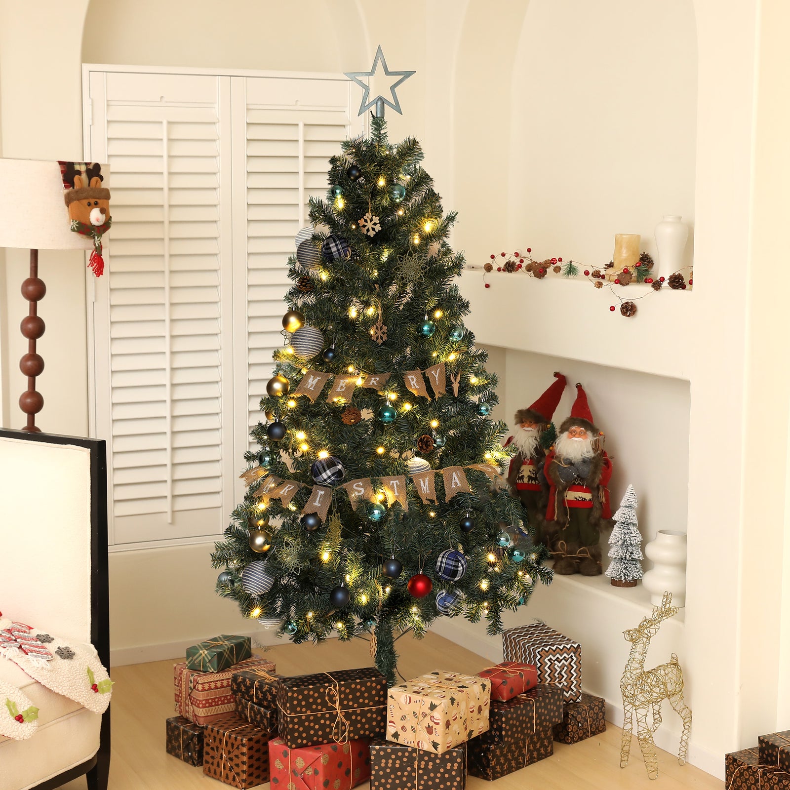 6ft Pre-Lit Xmas Tree with Decorations, Green, Blue and Warm White