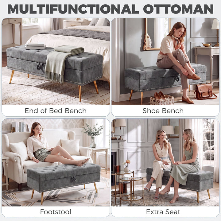 Storage Ottoman, Chenille Upholstered Ottoman Storage Box with Padded 