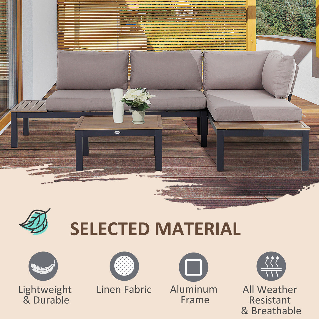 3 Pieces Garden Furniture Set, Aluminium 4 Seater Corner Sofa Set with 2 Loveseats, Coffee Table and Side Trays, Outdoor Conversation Furniture with Cushions for Garden, Black