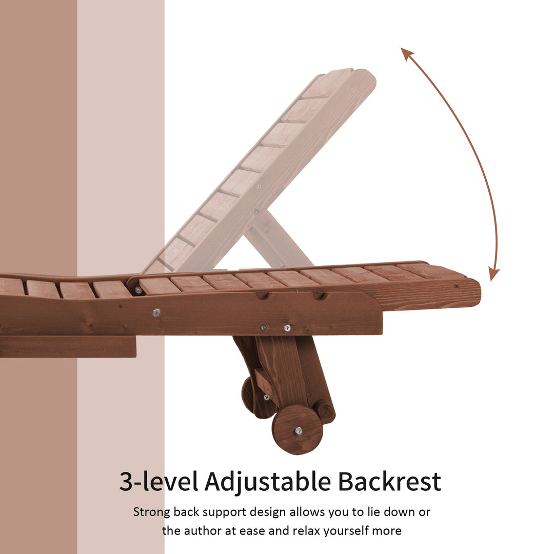 Outdoor Wooden Lounger Chair, Sun Bed with Built-In Table, Adjustable Backrest and Wheels, Red Brown