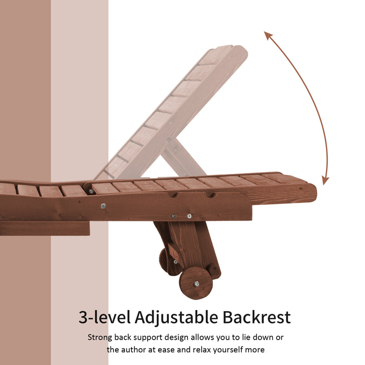Outdoor Wooden Lounger Chair, Sun Bed with Built-In Table, Adjustable Backrest and Wheels, Red Brown