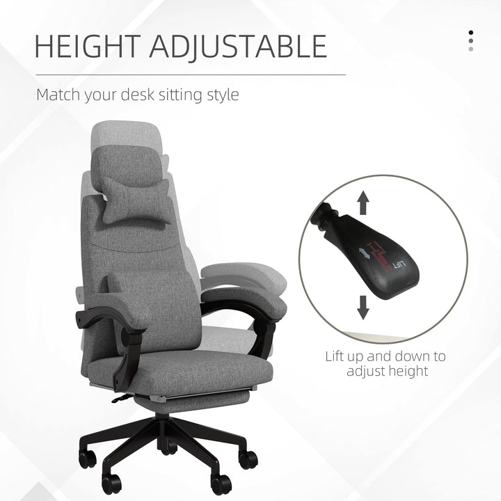 Linen-Look Office Chair, with 160° Reclining Back and Footrest - Grey