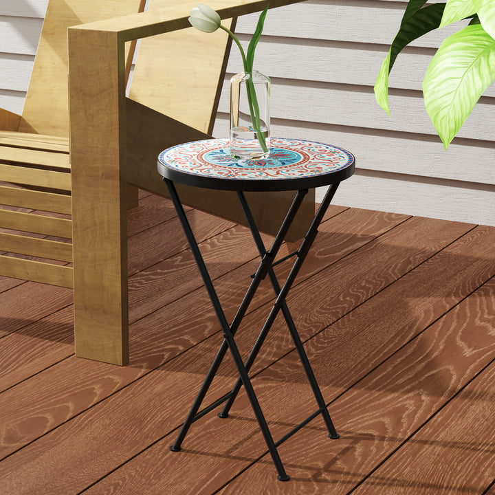 Mosaic Outdoor Garden Table, 35.5cm Round Folding Coffee Table with Metal Frame for Balcony Terrace, Multicolour