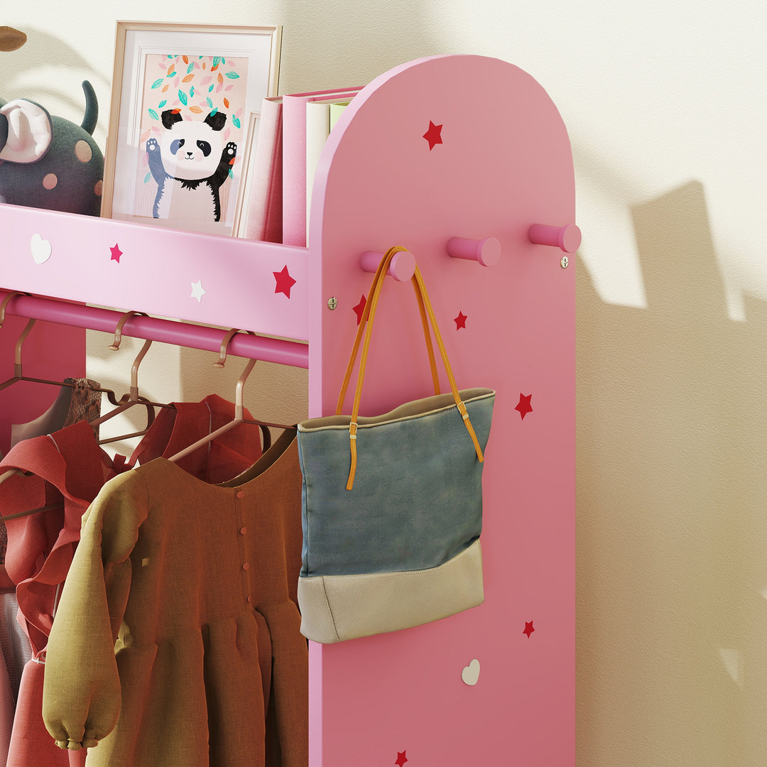 Kids Clothes Rail, Kids Wardrobe with Mirror, Shelves, Fabric Storage and Hooks for Bedroom, Nursery