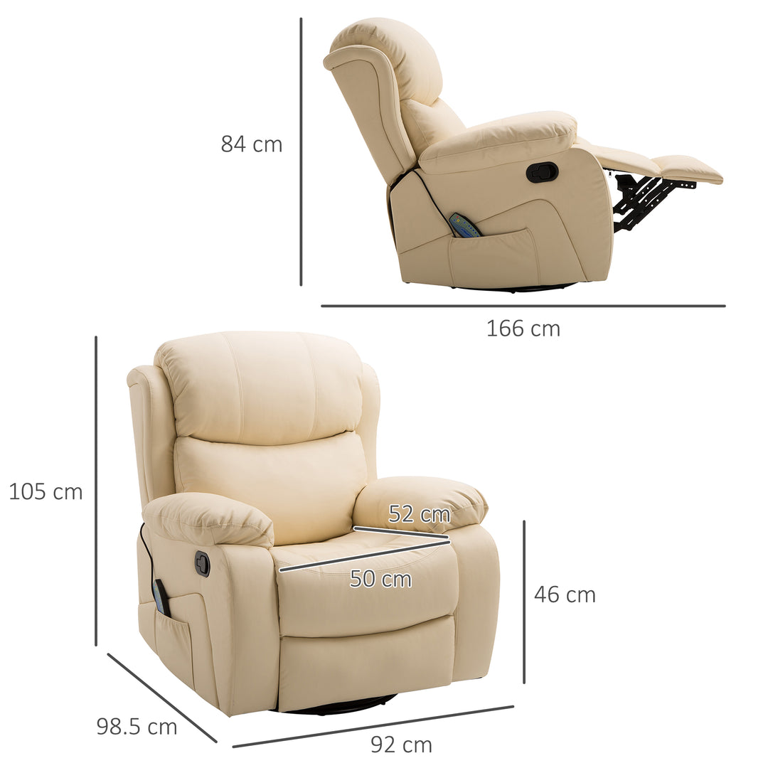 PU Leather Reclining Chair with 8 Massage Points and Heat, Manual Recliner with Swivel Base, Footrest and Remote, Beige