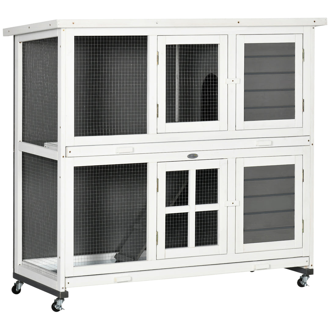 Wooden Rabbit Hutch, Two-Tier Guinea Pig Cage, with Removable Tray, Wheels