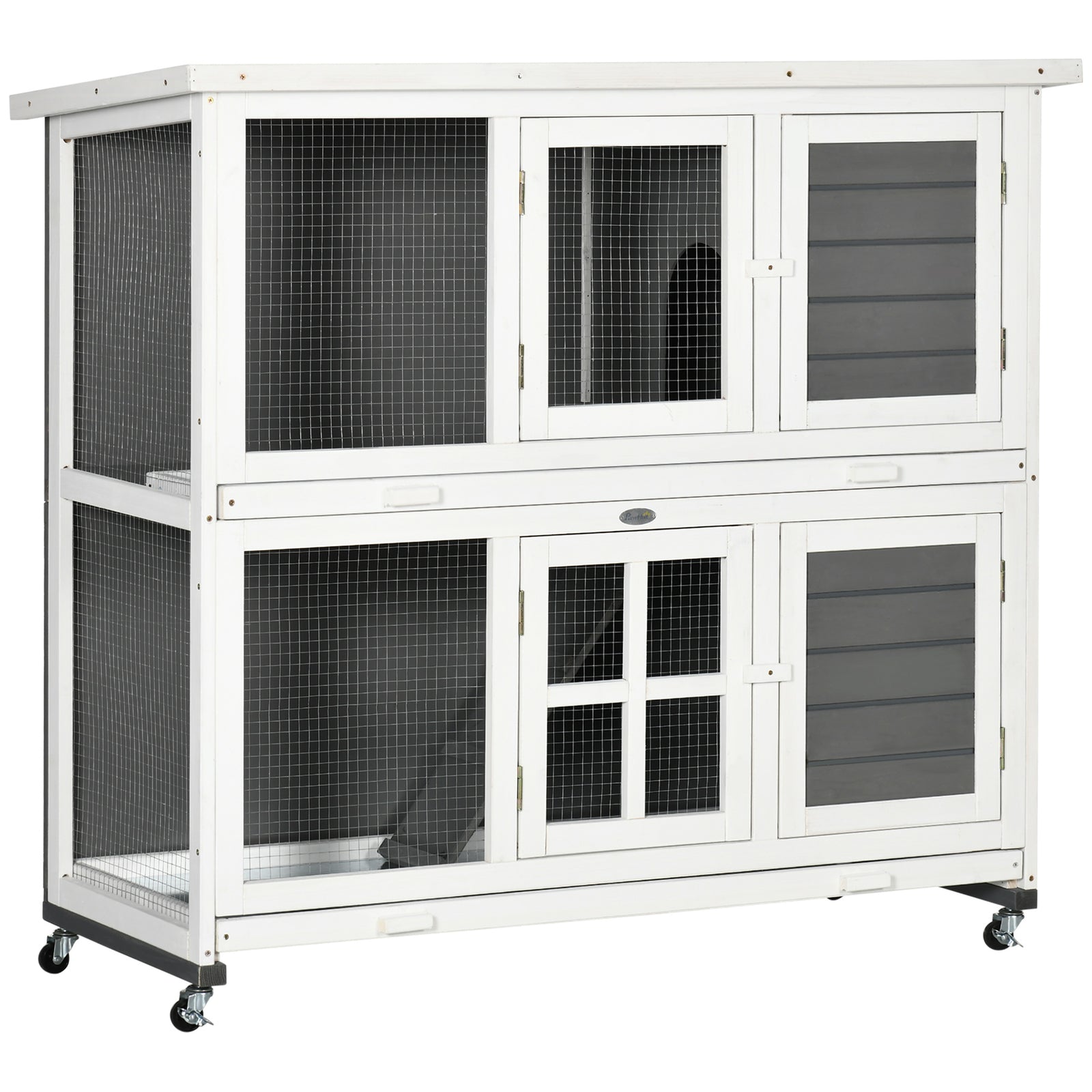 Wooden Rabbit Hutch, Two-Tier Guinea Pig Cage, with Removable Tray, Wheels