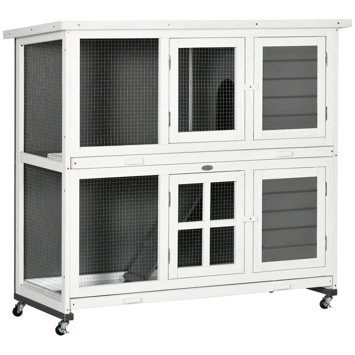 Wooden Rabbit Hutch, Two-Tier Guinea Pig Cage, with Removable Tray, Wheels