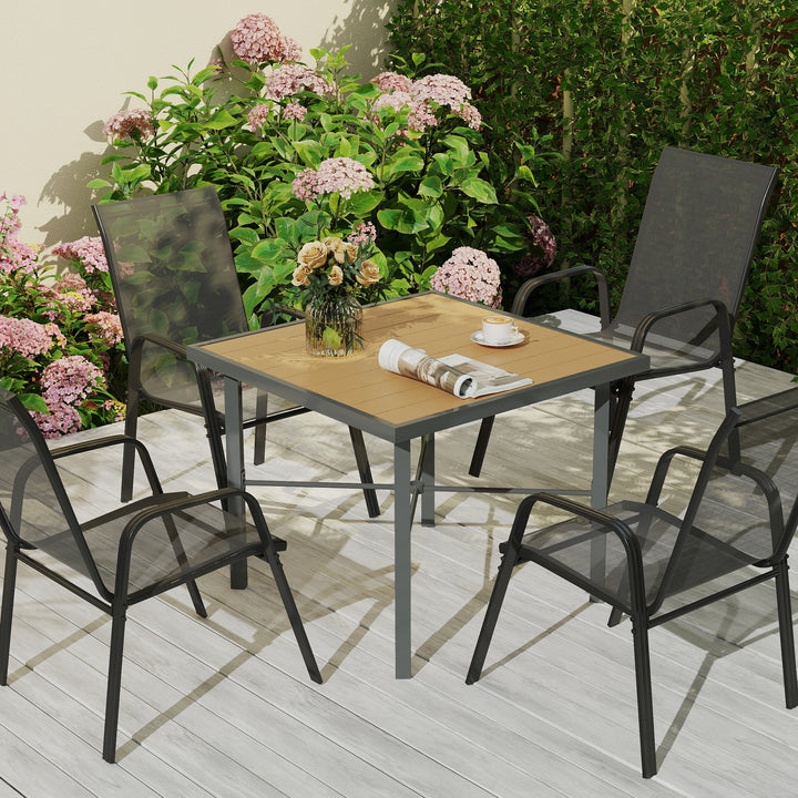 Garden Table for 4, 90 cm Rectangular Outdoor Dining Table with 4.2 cm Umbrella Hole, Wood Effect Top, Rust Resistant Frame, for Patio, Balcony, Terrace, Natural Wood Finish