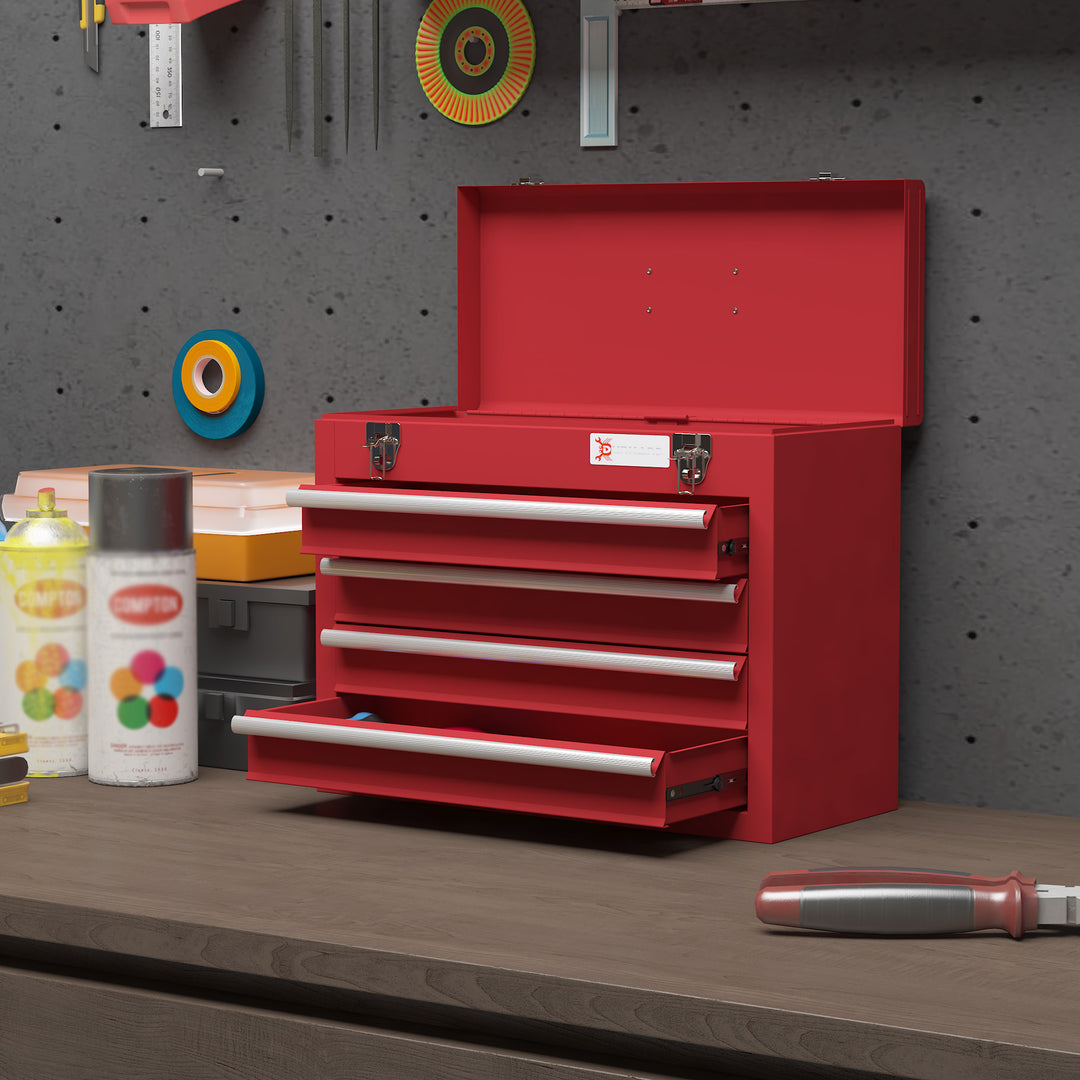 Lockable Metal Tool Box, 4 Drawer Tool Chest with Latches, Handle, Ball Bearing Runners, Red