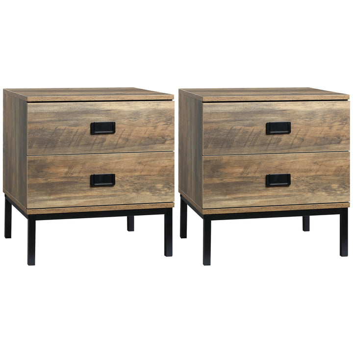 Retro Bedside Table, End Side Table with 2 Drawers, Metal Frame for Bedroom, Living Room, Set of 2, Coffee