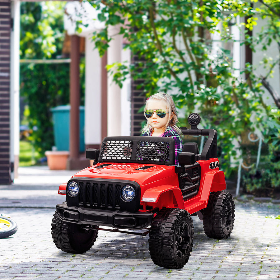 Kids Electric Ride On Car 12V Off Road Toy with Parental Remote Control 2 Motors Horn Lights Suspension Wheels for 3-6 Years Old Red